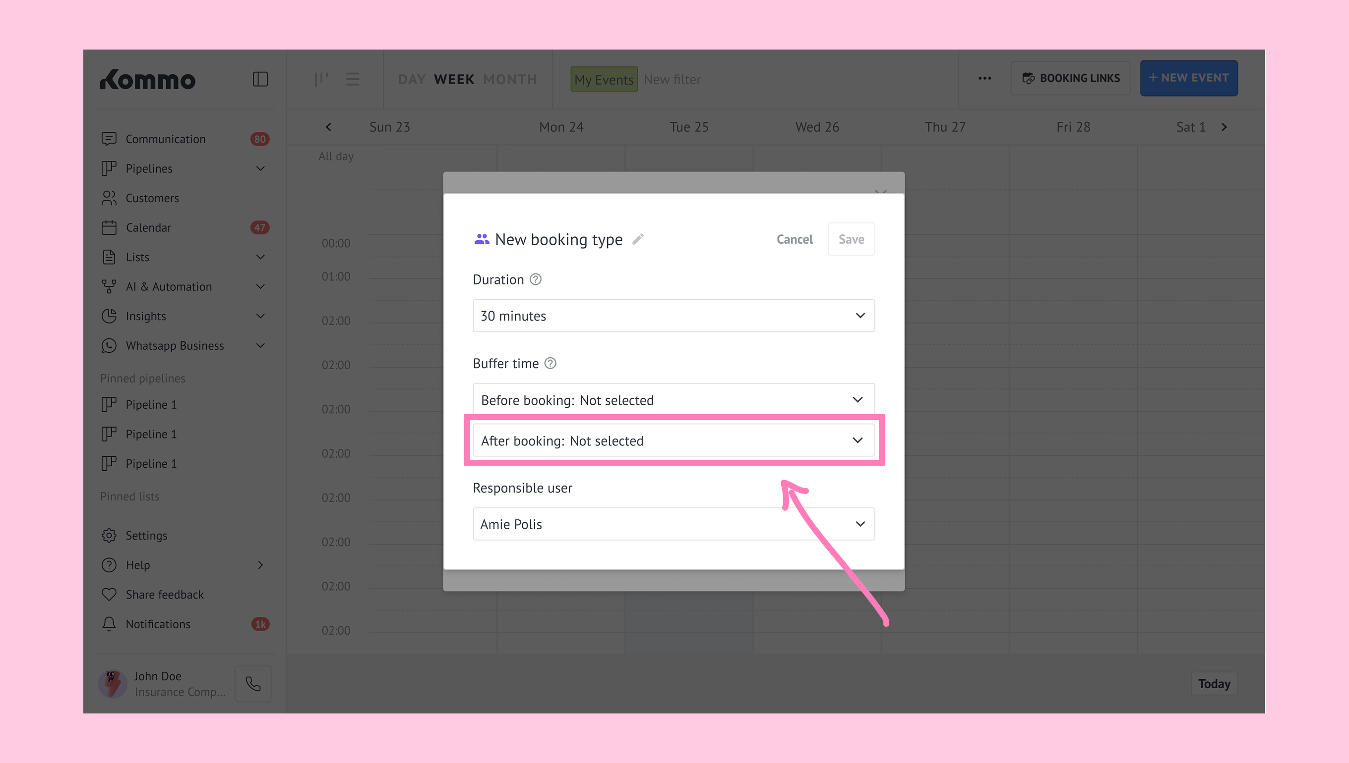 Settings for a new booking type, including duration and buffer time options.